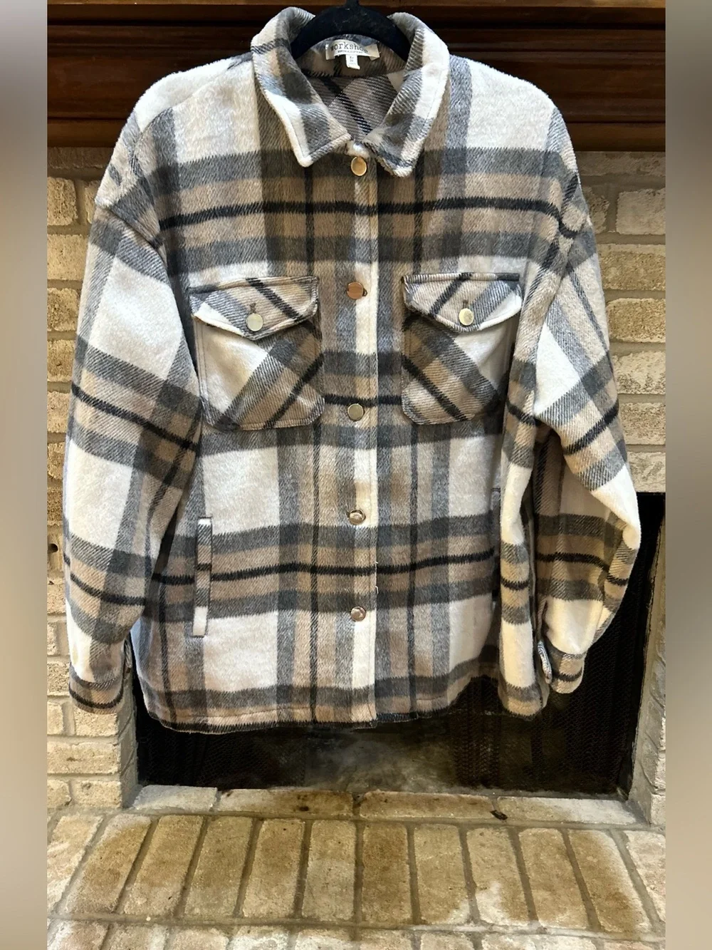 Workshop Republic Clothing Plaid Snap-Front Jacket in Cream, Gray, and Tan EUC
